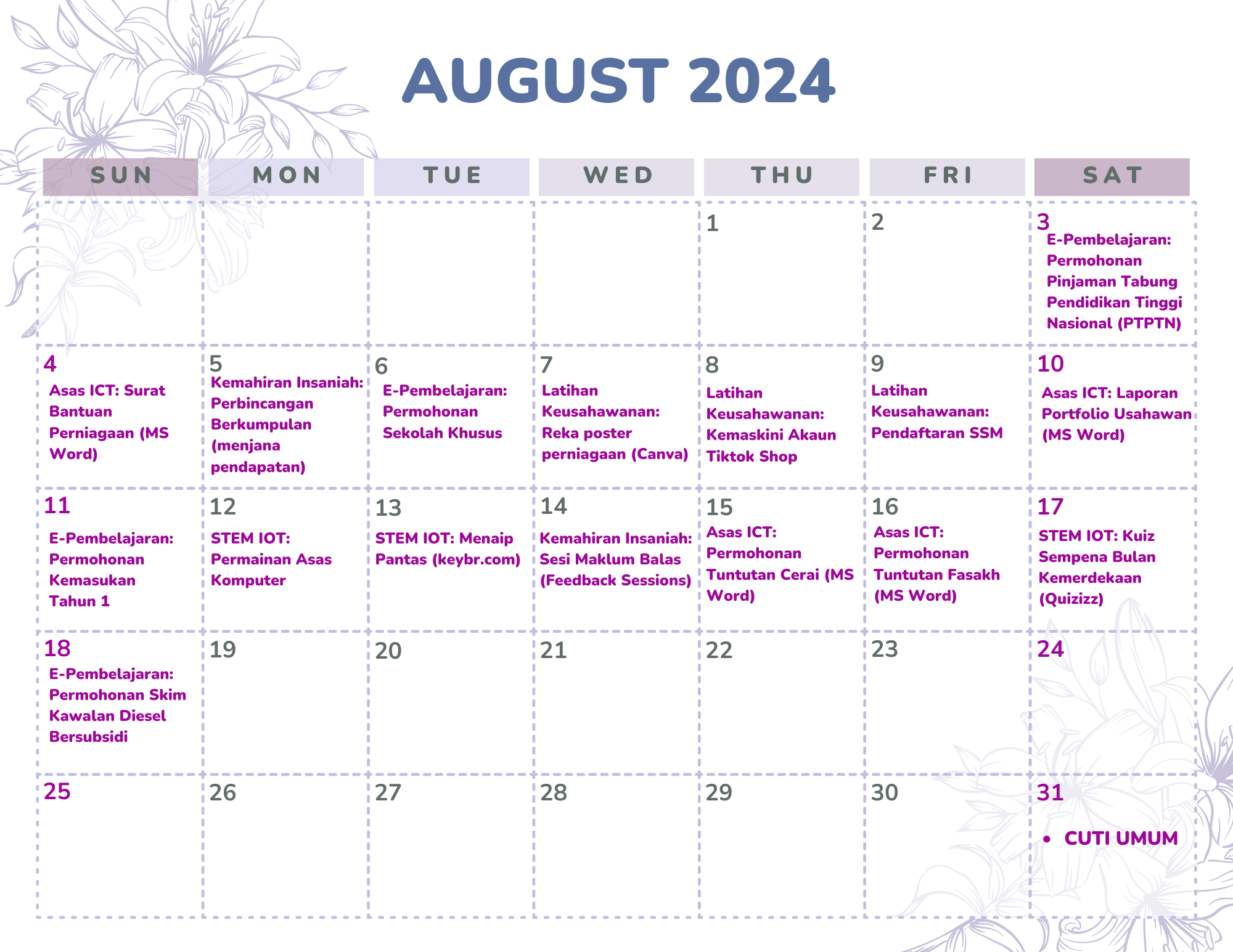 Purple Lavender White Flower Simple Modern August 2024 Monthly Calendar