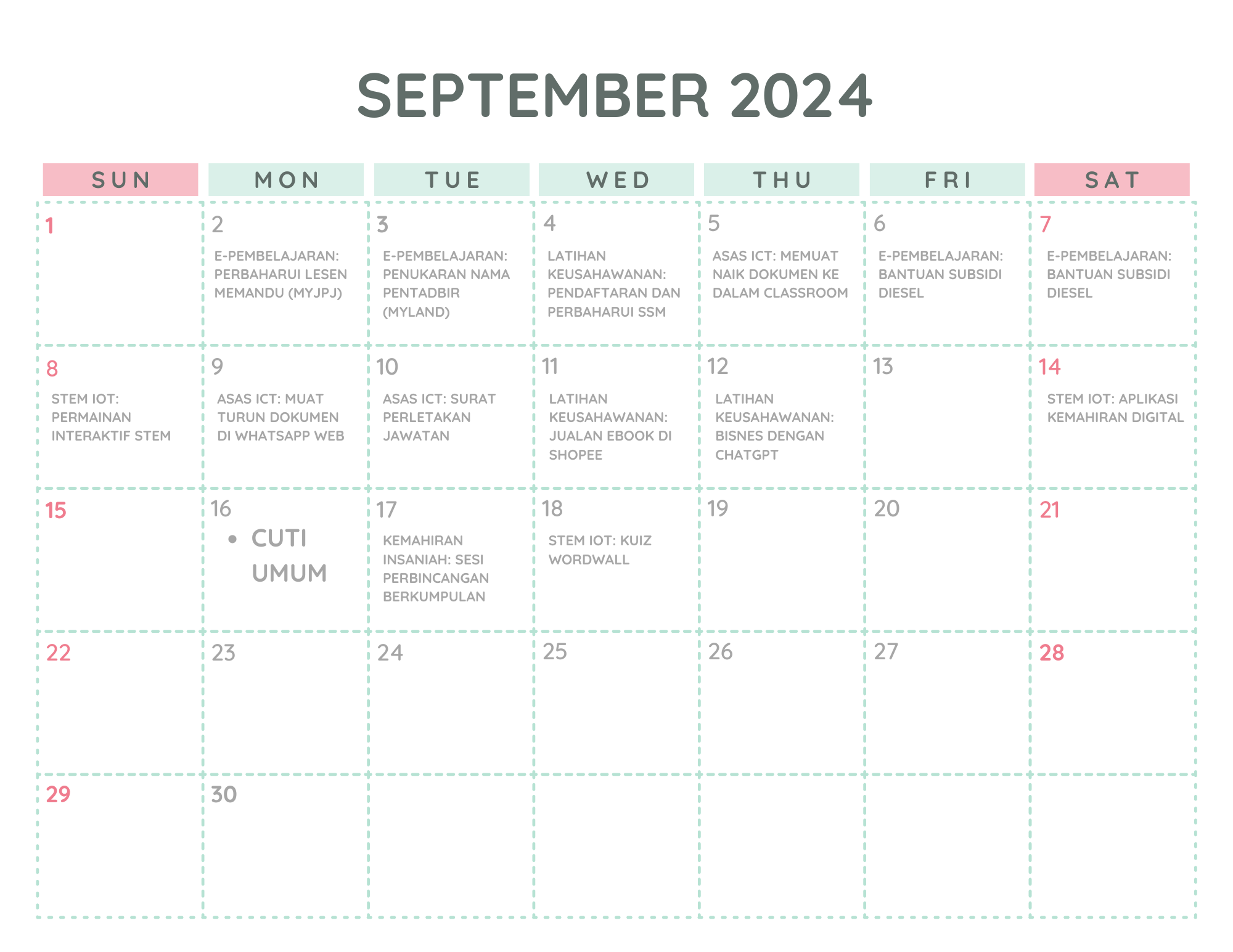 Pink Green White Simple Modern September 2024 Monthly Calendar letter